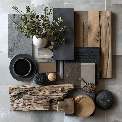 Dark Organic Interior, Commercial Interior Design Mood Board, Black Design Interior, Inspiration From Nature Design, Tropical Interior Moodboard, Black White Tan Interior Design, Modern Natural Interior Design, Green Black Interior Design, Livingroom Color Ideas