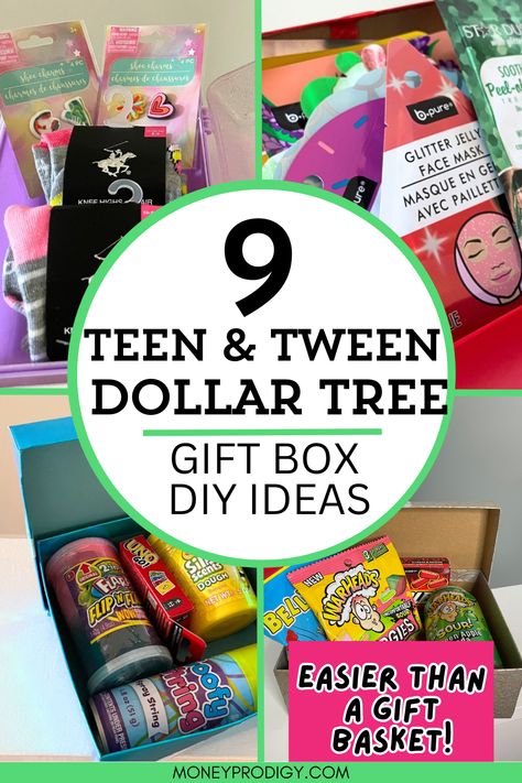 Dollar Tree teen gift box ideas - these are the new gift basket! Much easier to put together, SO cute, and really great themes that your teenager will LOVE to receive. Great for birthdays, Christmas, sleepover gift, summer Grandparents' house box of goodies, and more. Birthday Gift Dollar Tree, Cheap Teen Christmas Gifts, Cute Dollar Tree Gift Ideas, Back To School Gift Basket For Teens, Dollar Tree Sleepover Ideas, Christmas Dollar Tree Gifts, Gift Basket For Teen Boy, Sleepover Basket Ideas, Back To School Basket For Teens