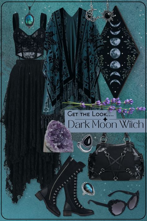 Dark Moon WitchA little goth, a little bit bohemian, a whole lot of witchy. Stevie Nicks would approve of this outfit with the flowy layers, shall, lace, crystals, and gorgeous vibes. #affiliatelinks Dark Floral Clothes, Witchy Business Casual, Dark 70s Aesthetic, Forest Witch Aesthetic Fashion, Witchy Fashion Modern Witch, Witch Lookbook, Wiccan Outfits, Witch Outfits Aesthetic, Casual Witch Outfit