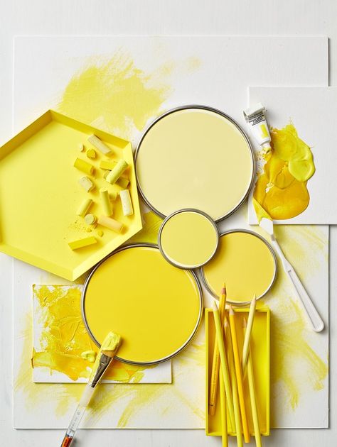 gen z yellow paint lids and trays containing chalk and colored pencils Top Paint Colors, Yellow Paint Colors, Best Interior Paint, Yellow Theme, Perfect Paint Color, Yellow Paint, Favorite Paint Colors, Blue Paint Colors, Jaune Orange