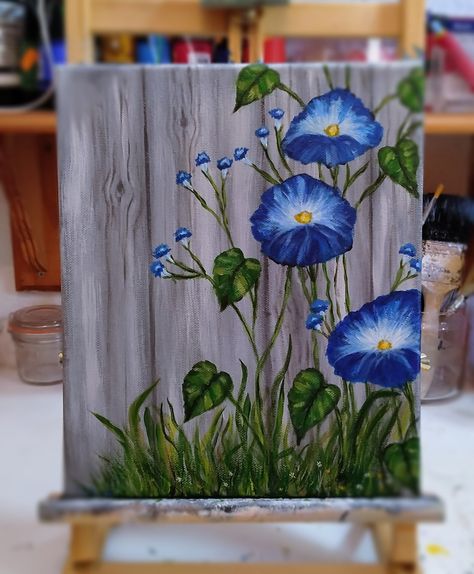 Morning Glory Flower Painting, Morning Glory Painting Acrylic, Morning Glory Painting, Feather Hair Comb, Blue Morning Glory, Morning Glory Flowers, Blue Morning, Hand Painted Dress, Paintings Canvas