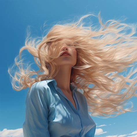 combed hair waving to the wind, blue sky background Wind Drawing, Flowy Hair, Wind Blown Hair, Long Hair Drawing, Hair Movement, Hair In The Wind, Hair Photography, Hair Flow, Blue Sky Background