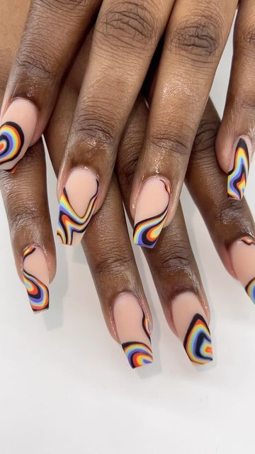 Funky Abstract Nails, Fun Nail Tips, Nail Art Designs Trippy, Intense Nail Art, Phycadelic Nail Art, Cute Trippy Nails, Abstract Pride Nails, Summer Tortoise Shell Nails, Psychodelisch Nails