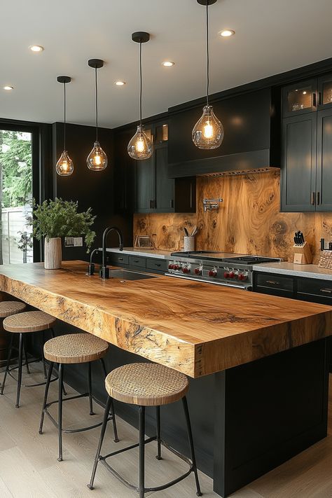 Discover the latest kitchen design with a stunning blend of wood and black finishes. This modern setup brings elegance and warmth to your home. Perfect for cooking and entertaining! #kitcheninspiration #homedecor #interiordesign Black N Wood Kitchen, Black And Wood Interior Design Modern, Home Interior Design Black And Wood, Wood House Kitchen Ideas, Black And Oak Interior, Black Kitchen With Wood Countertop, Mountain Modern Kitchen Cabinets, Swiss Chalet Kitchen, Black Kitchen Walls Oak Cabinets