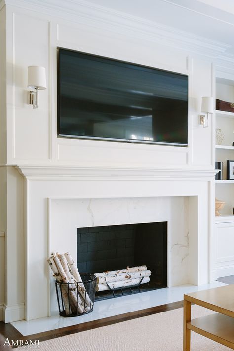 Tv Wall Design And Fireplace, Fireplace Molding Trim, Traditional Gas Fireplace Ideas With Tv Above, Transitional Fireplace Design With Tv, Classic Fireplace With Tv, Traditional Fireplace With Tv Above, Lighting Around Tv, Wainscoting Fireplace Wall With Tv, Off Set Fireplace