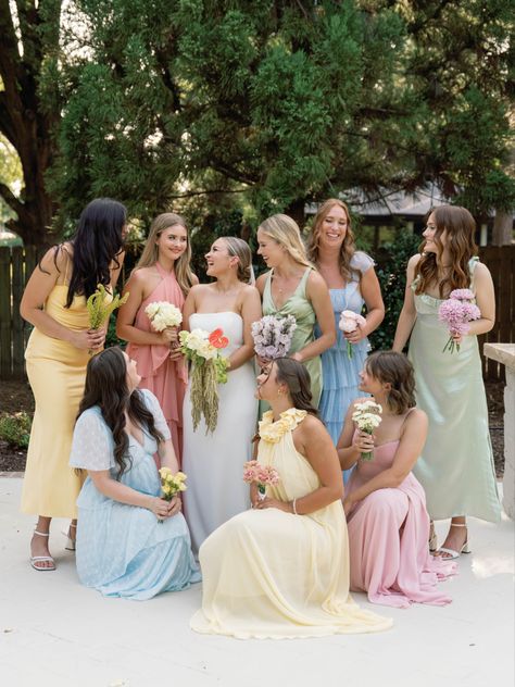 Pastel Color Palette Wedding Bridesmaid Dresses, Satin Bridesmaid Dresses Multi Color, Blue Pink Green Bridesmaids, Pink Yellow Blue Wedding Bridesmaid Dresses, Wildflower Wedding Guest Attire, Mismatched Bridesmaid Dresses Garden Party, Mixed Satin Bridesmaid Dresses, Spring Wedding Ideas Colors Bridesmaid Dresses, Soft Pastel Bridesmaid Dresses