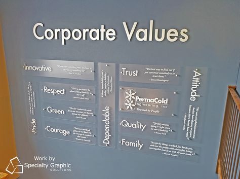 blue wall with 11 acrylic panels with values like Attitude, Trust, Family, Courage, Quality, Respect, Innovative.  The words Corporate Values are above the panels and are made from one half inch brushed aluminum.  Modern and striking - very unique and one of a kind Office Mission Statement Wall, Company Mission Statement Design, Corporate Office Branding Wall, Core Values Wall Art, Corporate Core Values Design, Corporate Bulletin Board Ideas, Mission Vision Values Design Poster, Corporate Values Poster, Corporate Values Wall