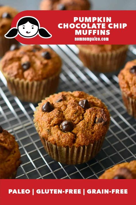 Craving tasty and healthy pumpkin chocolate chip muffins that also happen to be paleo and gluten-free? These honey-sweetened almond flour pumpkin muffins can be made ahead and kept in the freezer so you can easily heat one up when pumpkin spice blend season hits! #paleo #glutenfree #pumpkinspiceblend #paleodessert #paleotreat #glutenfreedessert #healthypumpkindessert Healthy Pumpkin Chocolate Chip Muffins, Almond Flour Pumpkin Muffins, Low Carb Pumpkin Muffins, Paleo Pumpkin Muffins, Gluten Free Pumpkin Muffins, Sweat Treats, Chocolate Chip Muffin Recipe, Pumpkin Muffin Recipes, Pumpkin Chocolate Chip Muffins