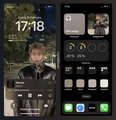 Phone Theam Idea, Diy Lockscreen Ideas, Iphone 7 Aesthetic Homescreen, Wallpaper Iphone Ios 16 Ideas Homescreen, Nct 127 Homescreen, Ios Phone Ideas, Iphone Ios 17 Layout, Phone Screen Themes, Homescreen Inspo Iphone