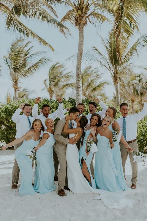 Blue Bridsmaid Dresses, Beach Wedding Aesthetic Bridesmaid, Pretty Beach Weddings, By The Beach Wedding, Blue Wedding Beach Theme, Wedding On The Beach Dress, Weddings On A Beach, Wedding Beach Bridesmaids, Blue And Tan Beach Wedding