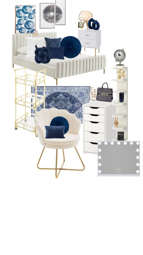 Dusty Blue Room Aesthetic, Navy Room Decor Aesthetic, Navy Blue And Pink Bedding, Navy Blue White Bedroom, Navy Room Inspiration, Dark Blue And White Bedroom Ideas, Navy Blue And White Bedroom Decor, Navy Blue Room Inspiration, Clean Girl Room Aesthetic Navy Blue