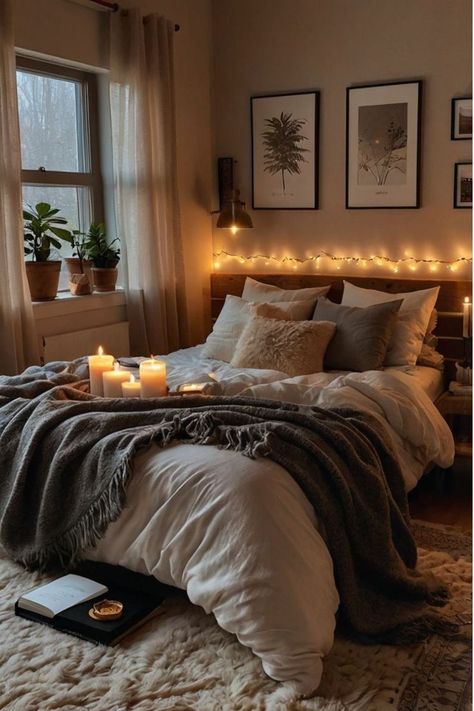 Chic and cozy bedroom with elegant elements and cozy touches. Hygge Bedroom Ideas Romantic, Cozy Lighting Bedroom, Small Cozy Apartment Bedroom, Adult Bedroom Ideas For Couples Cozy, Moody Cozy Bedroom, Warm Lighting Bedroom, Academia Bedroom Aesthetic, Cozy Warm Bedroom, Cozy Apartment Bedroom