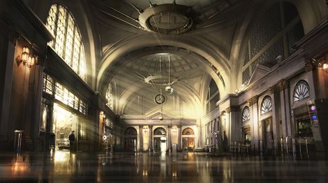 Station Foyer by *atomhawk on deviantART Decopunk Aesthetic, Deco Punk, World Of Tomorrow, Building Concept, Virtual Museum, World Of Darkness, Call Of Cthulhu, Futuristic City, 1930s Art Deco