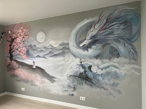 Hand Painted Murals For Home Bedroom, Murals Art Ideas, Dragon Paintings Acrylic, Fantasy Wall Murals Painted, Dragon Mural Paintings, Dragon Wall Painting, Dragon Room Decor, Wall Design Drawing, Dragon Acrylic Painting