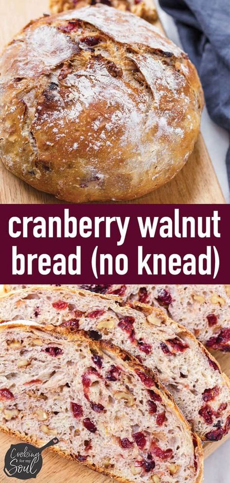 Cranberry Walnut Bread! This easy and delicious no knead cranberry bread is a great holiday bread baking recipe. The cranberry walnut bread comes out perfectly crusty outside and full of nuts and cranberries inside. So good! #cookingformysoul