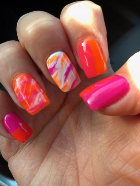 Pink White And Orange Nails, Pink Orange And Purple Nails, Pink And Coral Nails Summer, Coral Marble Nails, Pink And Orange Toenails, Pinky Orange Nails, Pink Orange And Yellow Nails, Neon Orange And Pink Nails, Pink And Orange Nail Art