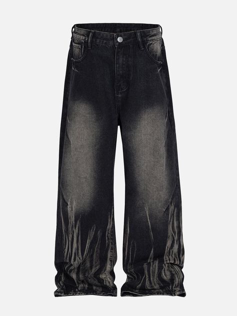 TALISHKO - Washed Stained Wide-Leg Jeans - streetwear fashion - talishko.com Man Pants Fashion, Black Jeans Design, Archive Clothing, Crazy Jeans, Jackets Y2k, Clothing Branding Design, Jeans Drawing, Denim Washes, Drip Fits