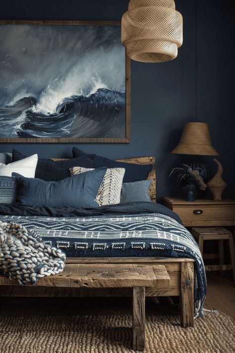 modern rustic blue bedroom Blue Bedroom With Wood Furniture, Blue Grey Bedding Ideas, Wood And Navy Bedroom, Boat Room Decor, Dark Blue Wall Curtain Ideas, Master Bedrooms Decor Beach, Modern Blue Interior Design, Dark Blue Masculine Bedroom, Smoky Blue Bedroom Walls