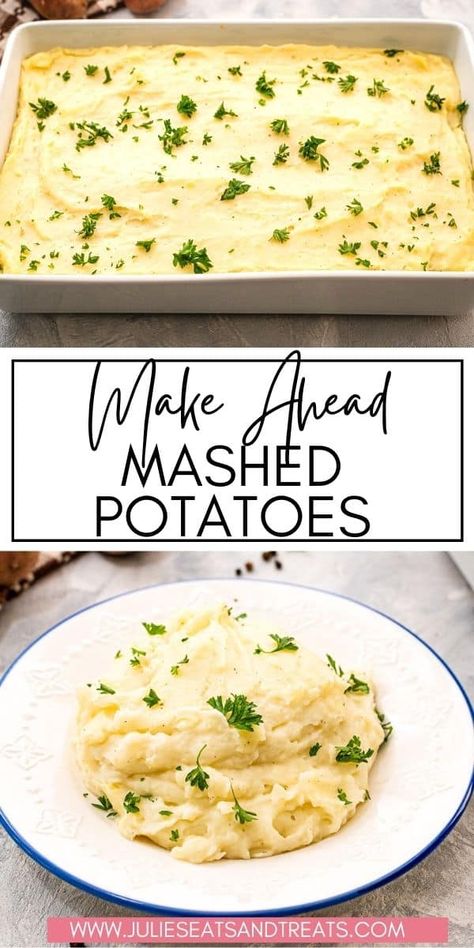 Smooth, rich and creamy Make Ahead Mashed Potatoes that are perfect for holidays! This potato casserole is rich and flavorful from the addition of butter and sour cream. Whip up your mashed potatoes the day before the holidays and reheat to save time and stress. Mashed Potatoes Recipe Pioneer Woman, Make Ahead Mashed Potatoes Recipe, Pioneer Woman Thanksgiving, Thanksgiving Recipes Side Dishes Veggies, Mashed Potatoes Thanksgiving, Make Ahead Mashed Potatoes, Baked Mashed Potatoes, Mashed Potato Casserole, Best Mashed Potatoes