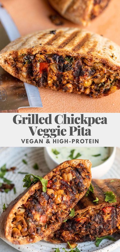 Grilled Chickpea Veggie Pitas - za’atar spiced chickpea filling, stuffed into whole grain pitas then grilled until the outside is crispy. High protein, high fiber, and highly nutritious meal that will keep you satisfied. Chickpea Filling, Veggie Pita, High Protein High Fiber, High Protein Vegetarian Recipes, Za Atar, High Protein Vegan, Tasty Vegetarian Recipes, Vegan Sandwich, Vegan Cooking