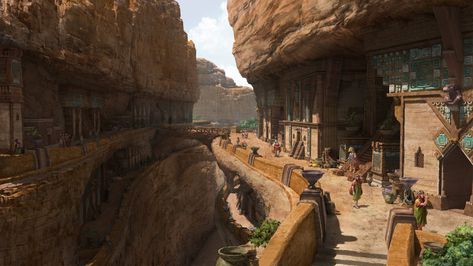 ArtStation - snake canyon town Valley Village Fantasy Art, Fantasy Desert Town, Canyon City, Fantasy Village, Fantasy Town, Fantasy World Map, Armagh, Desert Environment, Rpg Map