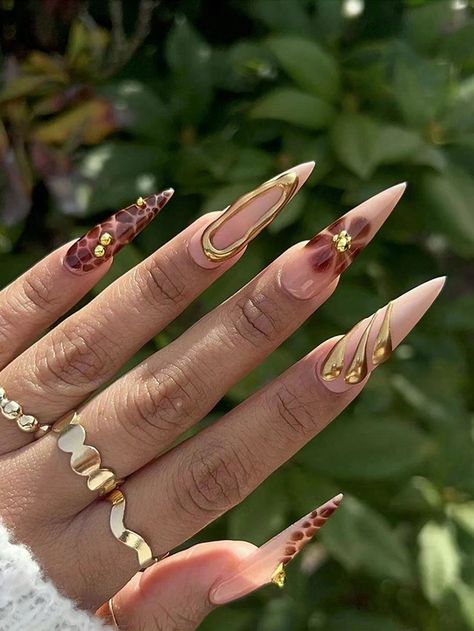 Multicolor  Collar    Handmade Nails Embellished   Nail,Hand & Foot Care Brown N Gold Nails, 2024 Stiletto Nails, Brown Freestyle Nails, Bali Inspired Nails, Pretty Stiletto Nails, Nail Inspo Stiletto, Stiletto Nails Summer, Bali Nails, Nails Reference