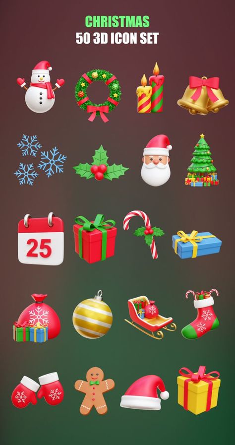 Christmas 3D Icon Illustrations Perfect for your christmas design theme. Christmas Illustration Design, Icon Illustrations, All Apps Icon, Christmas Props, Christmas Illustrations, Christmas Plants, Christmas 3d, Christmas Decorations For Kids, Food Graphic Design