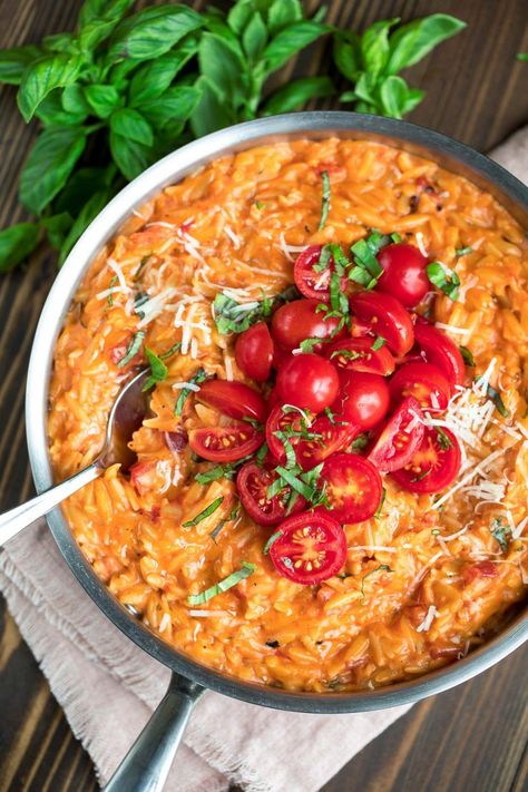 Orzo With Tomato Sauce, Orzo Peas, Creamy Tomato Orzo, Creamy Orzo Recipes, Tomato Orzo, Creamy Orzo, Orzo Recipe, Vegetarian Main Course, Orzo Pasta Salad