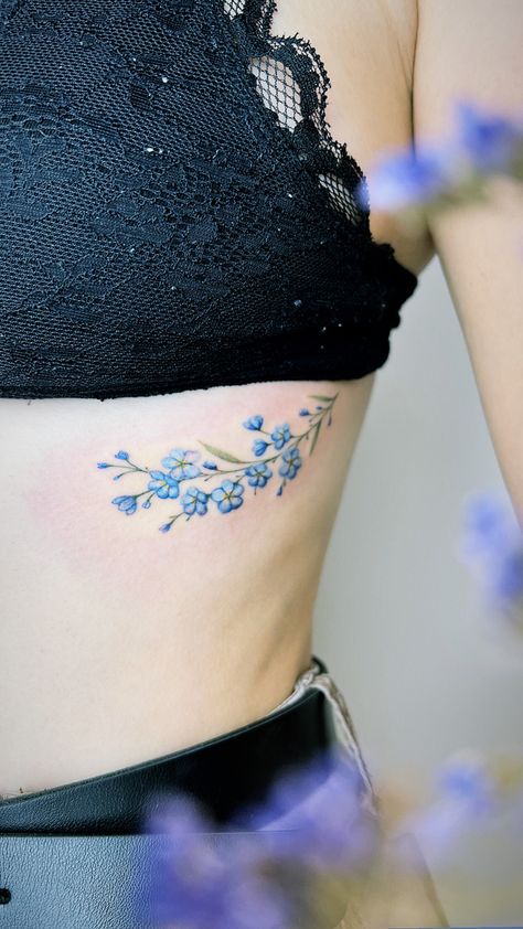 Tattoo inspiration - forget me not Forget Me Not Flowers Tatoos Black, Forget Me Not Tattoo Design, Dont Forget Me Flowers Tattoo, Forget Me Not Flowers Tatoos, Forget Me Knot Tattoo, Forget Me Nots Tattoo, Forget Me Not Tattoos, Collar Tattoos, Bluebells Flower Tattoo