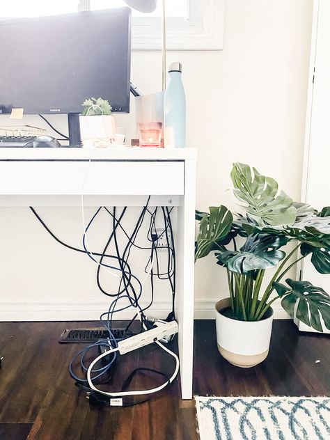 Office Wire Organization Hiding Cords, Cover Front Of Desk, Desk That Hides Cords, Office Cord Organization, Hide Desk Wires, Computer Wire Organization Hiding Cords, How To Hide Cords From Desk, White Desk In Living Room, Organize Cables Cords