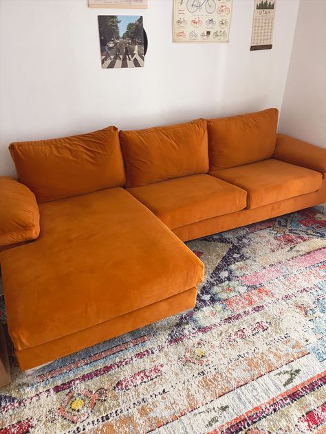 Orange couch styled, green velvet couch L Shape Sofa Orange, Orange L Shape Sofa, Orange Retro Couch, 70s Style Couch, Courdory Couch, Orange Couch Decor, Groovy Couch, Cute Couches Living Room, Orange Corner Sofa