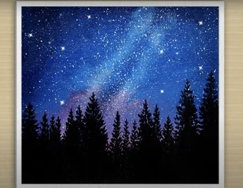 23 Easy Night Sky Painting Tutorials (Acrylic, Watercolor, Poster Paint, Gouache) | Acrylic Painting School Paintings Of Night Sky, Acrylic Paint Night Sky, How To Paint The Night Sky, Nighttime Paintings Easy, How To Paint Night Sky Acrylic, How To Paint A Sky Background, Outer Space Painting Easy, Paint Night Tutorials, How To Paint A Night Sky