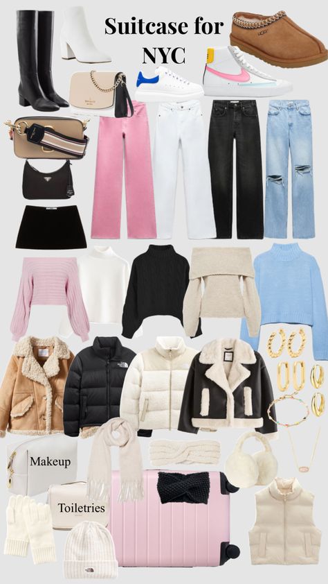 Suitcase for NYC #suitcase #packing #fashion #outfitinspo #essentials Cute New York Winter Outfit, Things To Pack For New York, Nyc Winter Clothes, Trip To Nyc Outfit, New York Shopping Outfit, Nyc Christmas Packing List, New York Essentials, What To Bring To New York, Packing List For New York Winter