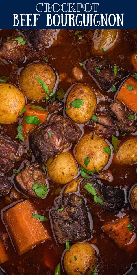 If you’re looking for a tender beef stew that’s been kicked up a notch or two with a rich red wine base then this Crockpot Beef Bourguignon is for you! via @familyfresh Red Wine Crockpot Pot Roast, Beef Merlot Recipe Crock Pot, Beef Stew With Prime Rib, Roast Beef Crock Pot Recipes Red Wine, Beef Red Wine Slow Cooker, Red Wine Braised Stew Meat, Red Meat Slow Cooker Recipes, Beef Stew Crock Pot Recipes Red Wine, Beef Stew With Red Wine Stove Top