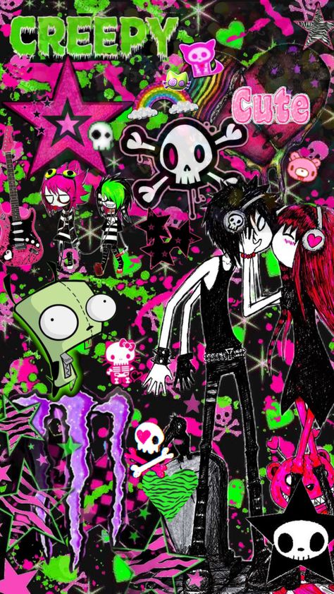 creepy cute 💚🎀 #emocore #scenecore #greenandpink #scenekid #emo #creepycute #gloomybear #gir #invaderzim Creepy Cute, Pink