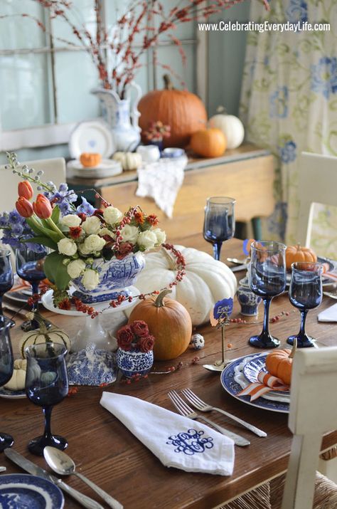 Thanksgiving Table Ideas by Decor Adventures | Redhead Can DecorateRedhead Can Decorate Thanksgiving Table Inspiration, Blue And White Tablescapes, Outdoor Porches, Blue And White Dishes, Outdoor Thanksgiving, Fall Table Settings, Fall Thanksgiving Decor, Thanksgiving Table Settings, Fall Tablescapes