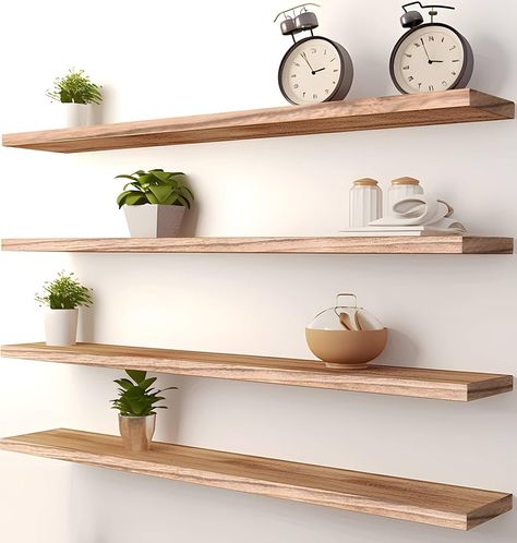 Brown Floating Shelves, Decor Floating Shelves, Shelves For Bedroom, Shelves For Wall, Wooden Bedroom, Wooden Wall Shelves, Shelf Lighting, Wood Floating Shelves, Shelves In Bedroom