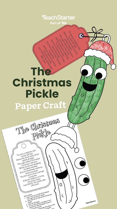 Start a new Christmas tradition with a fun Christmas pickle ornament and poem! Gather around teacher friends! This year, we want to teach you about one of the quirkiest and most delightful holiday traditions: the Christmas Pickle! You might be scratching your head, thinking, “Why on Earth would anyone put a pickle on their Christmas tree?” We will unravel this strange concept for you and give you the lowdown on this dill-ightful Christmas tradition! Pickle Ornament Tradition Printable, Irish Christmas Crafts For Kids, Pickle Crafts Preschool, Diy Pickle Ornament, Christmas Pickle Printable, Pickle Ornament Craft, Pickle Ornament Tradition, Christmas In Germany Craft, Printable Ornaments Christmas