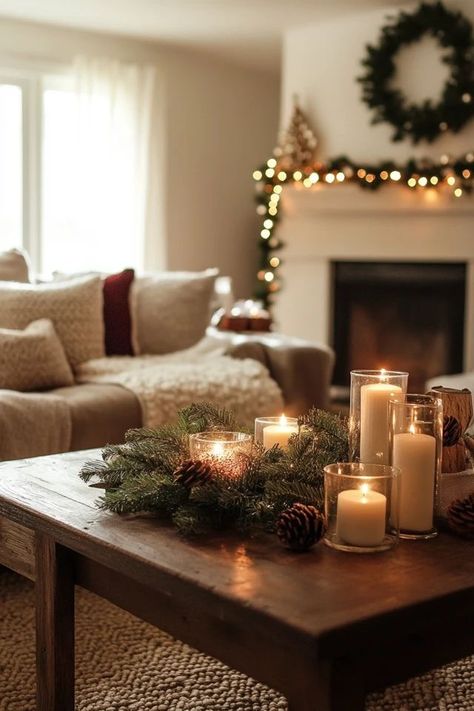 Living Room Candles Decoration, Neutral Christmas Decor Apartment, Comfy Christmas Decor, Christmas Decor Inspiration Living Room, White Couch Christmas Decor, Cute Christmas Living Room Ideas, Modern Christmas Living Room Decor, Christmas Studio Apartment Decor, Cute Apartment Christmas Decor