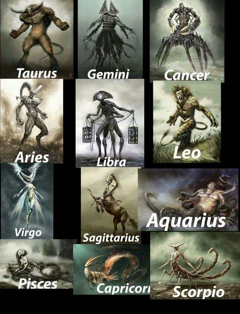 Bestias del zodíaco Monster Zodiac Signs, Zodiac Creatures Art, Zodiac Signs As Creatures, Zodiac Signs As Monsters, Dark Zodiac Signs, Zodiac Creatures, Fantasy Zodiac, Zodiac Signs Art, Zodiak Gemini