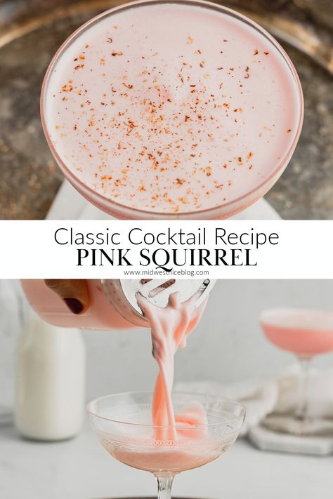 The Pink Squirrel is a pretty pink retro cocktail that is sweet and creamy that tastes like almond and cocoa. Served chilled and garnished with a sprinkle of freshly grated nutmeg it’s been a staple in the Midwest for decades! Fun Girly Cocktails, Almond Milk Cocktail, Cocktails That Go With Pasta, Pink Squirrel Cocktail, Pink Christmas Cocktail, Screwball Cocktails, Wine Based Cocktails, Cheap Cocktail Recipes, Pink Cocktail Aesthetic