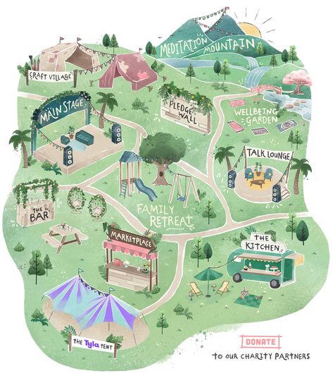 Festival Map Design, Illustration Map, Festival Map, Map Design Ideas, Festival Illustration, Illustrated Maps, Happy Place Festival, Map Illustration, Maps Illustration Design