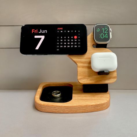 Phone Airpods And Apple Watch Charger, Charging Dock Station, Polaroid Room, Phone Watch Charging Station, Wood Charging Station, Charging Station Ideas, Apple Stand, Device Charging Station, Wireless Charger Design