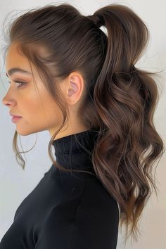 Ponytail For Wavy Hair, Extension Ponytail Hairstyles, Wavy Ponytail Hairstyles, Dinner Hair, Middle Part Curly Hair, Brunette Bangs, Fancy Ponytail, Homecoming Poses, Intricate Hairstyles