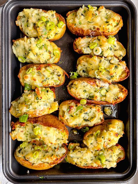 Vegan Double-Baked Potatoes - Lucy & Lentils Stuffed Potato Skins, Double Baked Potatoes, Stuffed Potato, Loaded Potato, Vegan Potato, Vegan Sides, Vegan Comfort Food, Potato Skins, Butter Beans