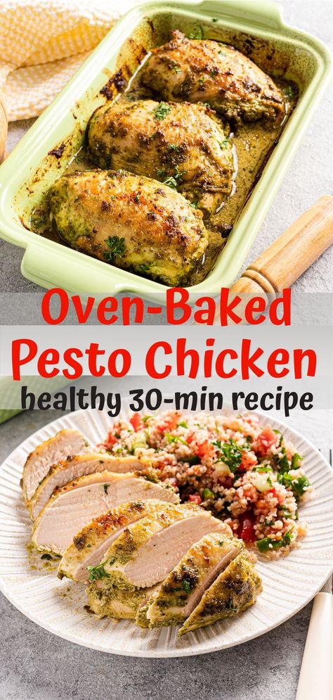 Healthy oven baked chicken for easy dinner. Baked chicken breast with pesto for a healthy diet, clean eating, low-carb, keto diet, and weight loss. Oven Baked Pesto Chicken, Healthy Chicken Dinner Ideas, Pesto Chicken Bake, Easy Pesto Chicken, Pesto Chicken Breast, Baked Pesto Chicken, Chicken Pesto Recipes, Healthy Chicken Dinner, Fast Healthy Meals