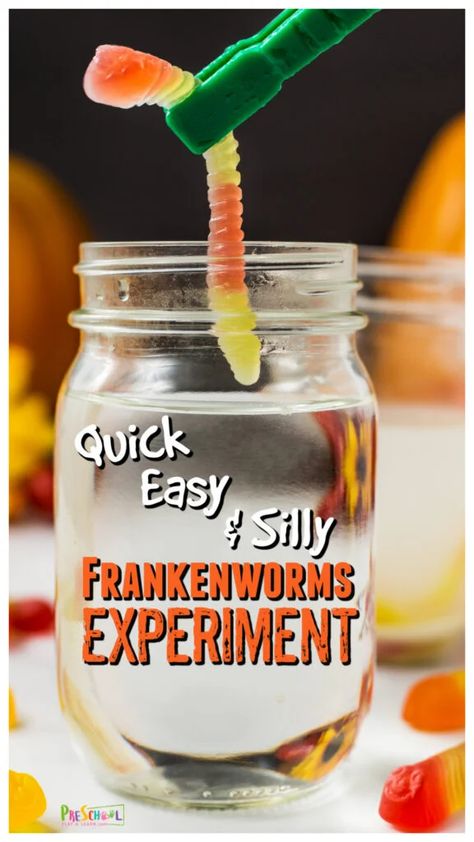 You've probably heard of the dancing raisins science project, well seeing as those it's October and Halloween is just around the corner I decided to make a more relevant theme. This frankenworms experiment demonstrates the same chemical reaction with baking soda and vinegar, but with fun halloween activities. This halloween science experiment is perfect for all ages from toddler, preschool, pre-k, kindergarten, first grade, 2nd grade, 3rd grade, and up. Jack O Lantern Science Experiment, Jack O Lantern Art For Kids, Candy Activities For Preschool, Exploding Pumpkin Experiment, Pumpkin Jack Experiment, Aba Crafts, Jack O Lantern Ideas, Pumpkin Science Experiment, Halloween Experiments