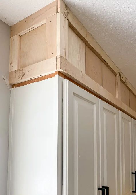 Learn how to extend your kitchen cabinets to the ceiling. Upgrade your kitchen with this easy to follow tutorial. DIY this project for a more modern look. Ceiling Upgrade, How To Make Kitchen Cabinets, Kitchen Cabinets To Ceiling, Kitchen Cabinets Upgrade, Kitchen Soffit, Cabinets To Ceiling, Kitchen Ceiling Design, Tall Kitchen Cabinets, Builder Grade Kitchen