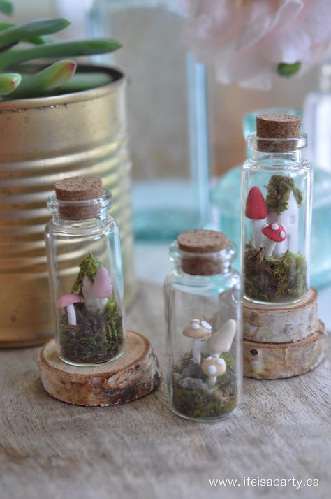 Tiny Glass Bottle Ideas Christmas, Garden In A Bottle, Polymer Clay Fairy Garden, Tiny Glass Jars, Crafts With Glass Jars, Mini Glass Jars, Tiny Fairy, Polymer Clay Fairy, Tiny Jars