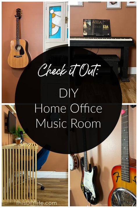 Welcome to our DIY Home Office Music Room! We have a hardworking, multitasking room that combines computer desks with a warm, modern organic décor. We’re sharing tons of DIY music room office ideas including: DIY computer desks, DIY art ledges, DIY computer monitor brackets, piano keyboard stand and bench from 2x4s, guitar display and more. Keyboard Room Decor, Music Room Office Ideas, Guest Room Music Room Combo, Practice Room Music, Music Room Office Combo, Office And Music Room Combo, Office Music Room Combo, Music Room Inspiration, Diy Music Room